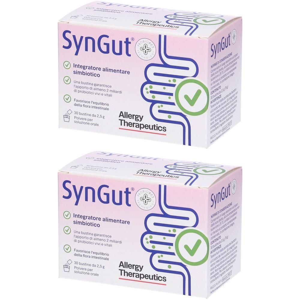 Due astucci di integratore alimentare probiotico SynGut, 30 bustine da 2,5 g.