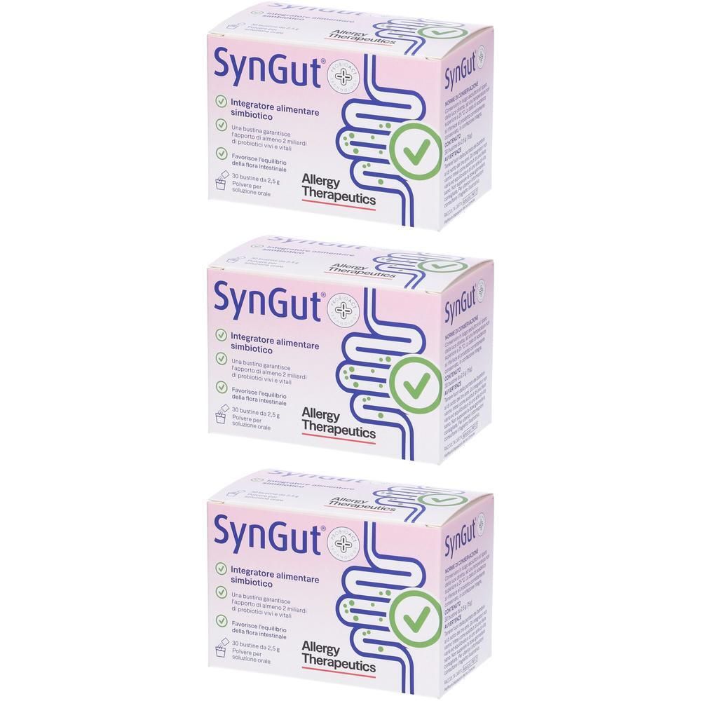 Tre astucci di SynGut, integratore alimentare probiotico. Confezione rosa e bianca con grafica intestinale.