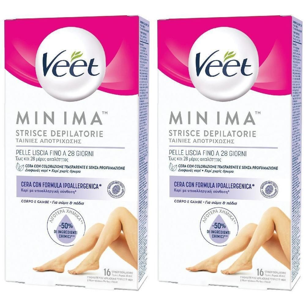 Due confezioni di strisce depilatorie Veet Minima con immagini di gambe e informazioni sul prodotto.