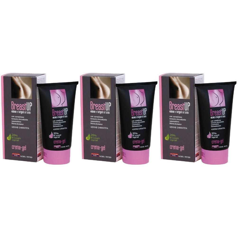 Tre tubi di crema-gel BreastUP con scatole. Tubi neri con tappo rosa e confezione in cartone rosa.