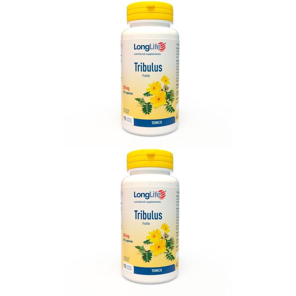 Due flaconi di integratori LongLife Tribulus Terrestris con tappi gialli ed etichette raffiguranti fiori gialli.