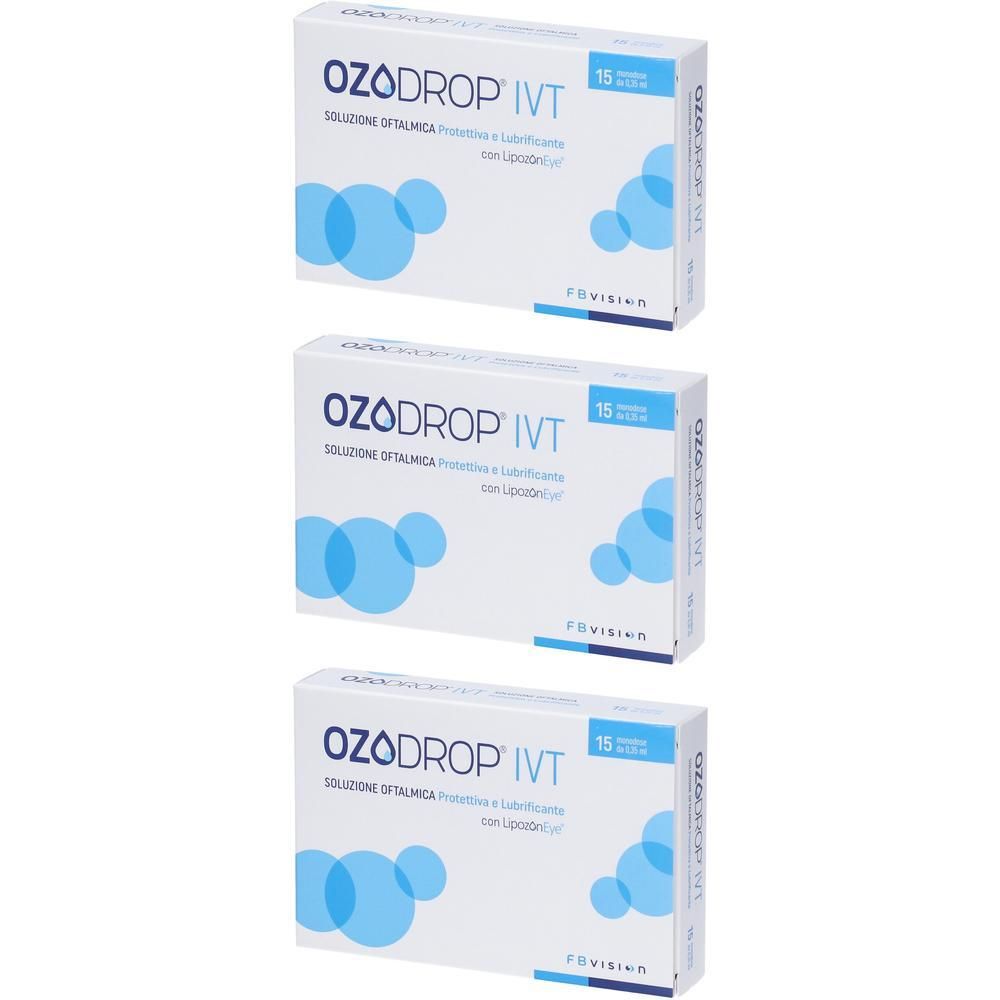 Tre scatole di collirio Ozodrop IVT. Confezione bianca con cerchi blu e testo.