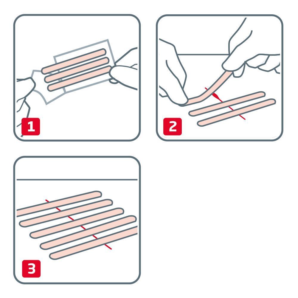 Istruzioni per l'uso dei cerotti per sutura cutanea Leukoplast Leukosan Strip in tre passaggi. Cerotti sterili.