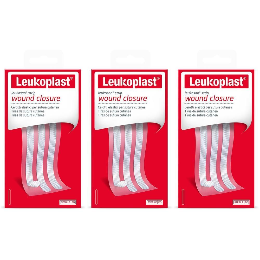 Tre confezioni di cerotti sterili Leukoplast Leukosan Strip per sutura cutanea.