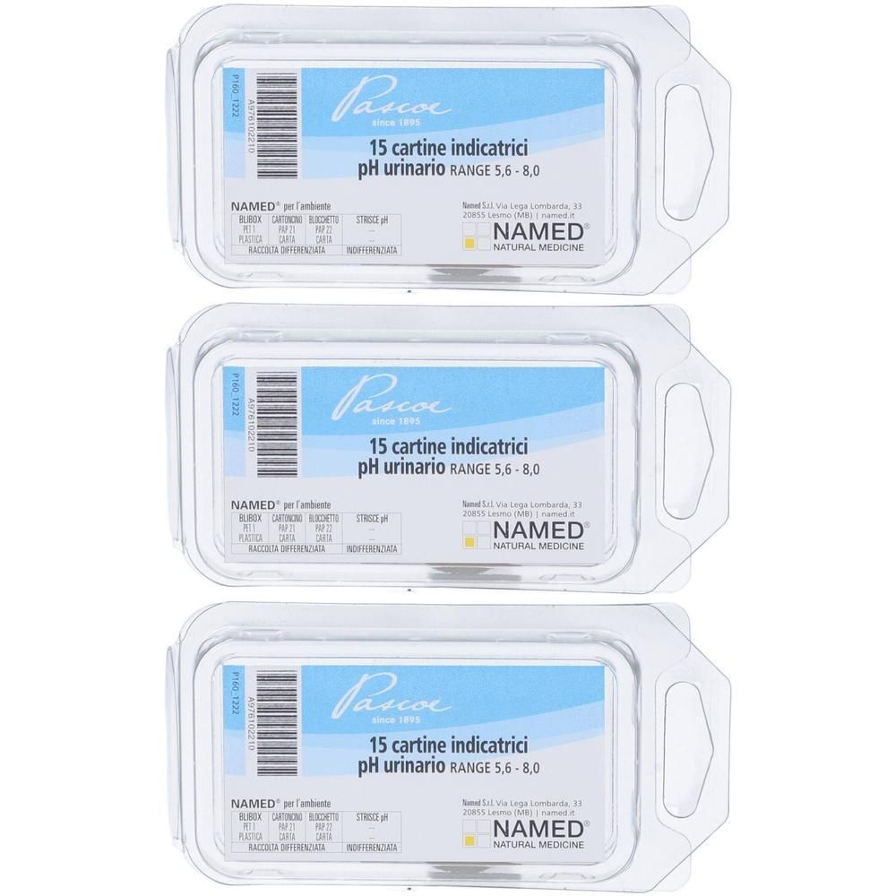 Tre confezioni da 15 cartine indicatrici pH urinario, range 5,6-8,0.