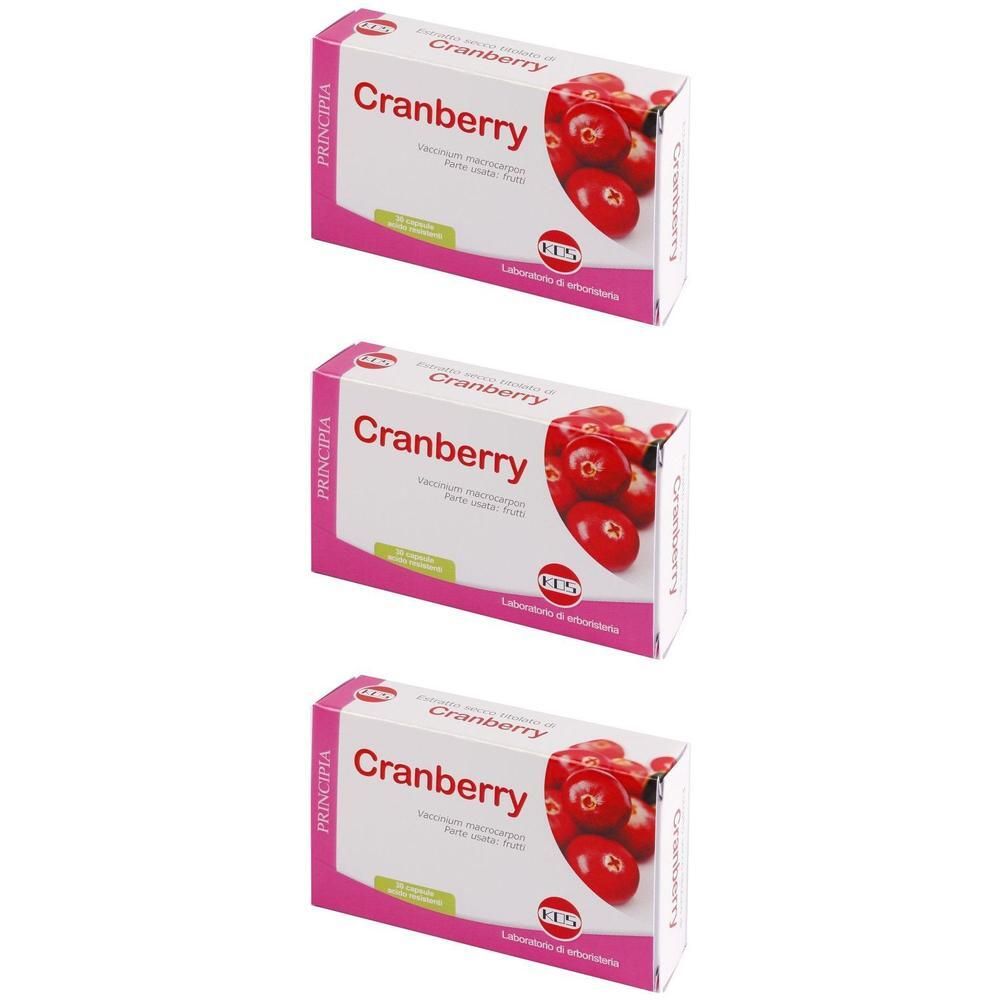 Tre confezioni di KOS Cranberry Estratto Secco Capsule con immagine di mirtilli rossi.