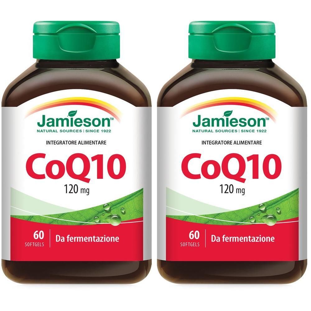 Due flaconi di Jamieson CoQ10 120 mg, 60 softgel per flacone.