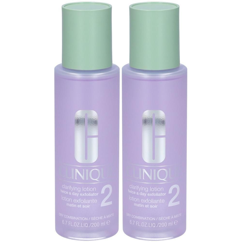 Due flaconi Clinique Clarifying Lotion 2 con corpo viola chiaro e tappi verde chiaro.