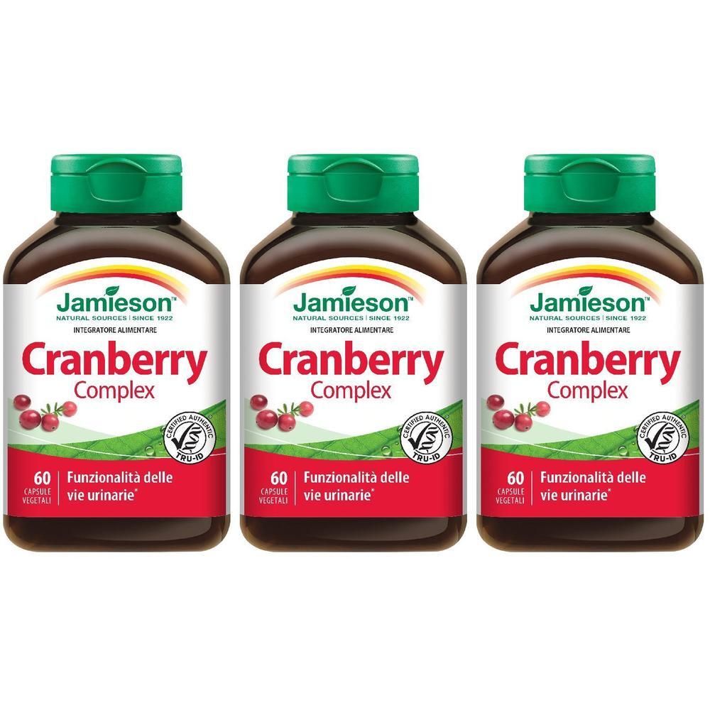 Tre flaconi di Jamieson Cranberry Complex, 60 capsule ciascuno. Tappi verdi, etichette rosse.