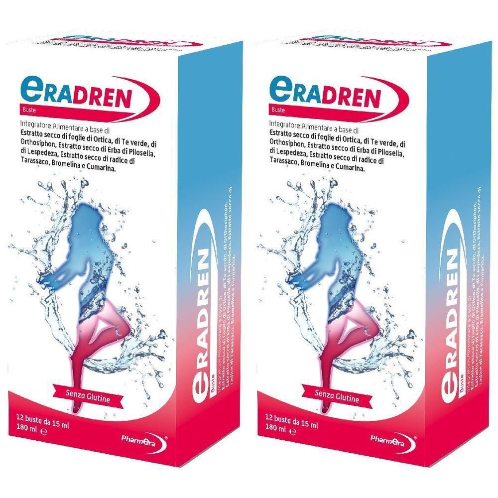 Due confezioni Eradren, 12 buste da 15 ml ciascuna. Silhouette femminile blu con spruzzi d'acqua.