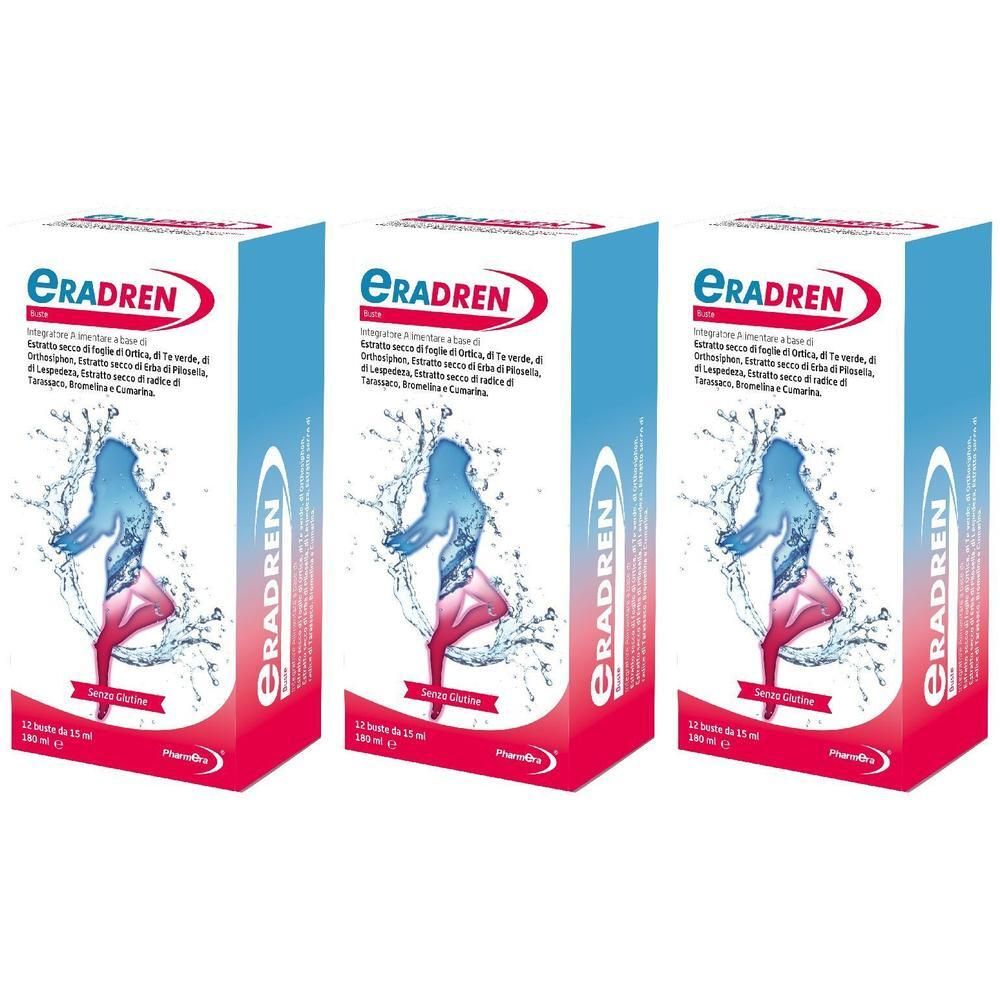 Tre confezioni di Eradren con silhouette femminile blu circondata da schizzi d'acqua.