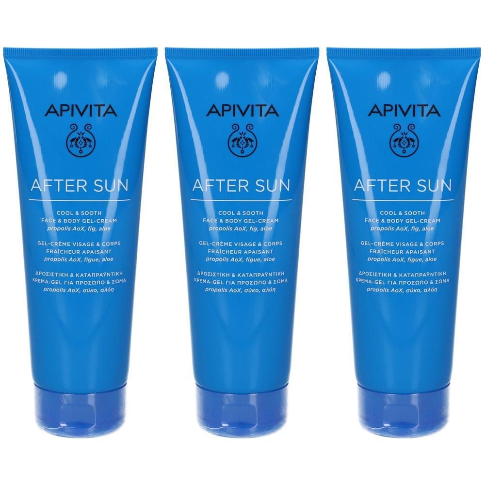 Tre tubi blu di Apivita After Sun Gel-Crema per viso e corpo.