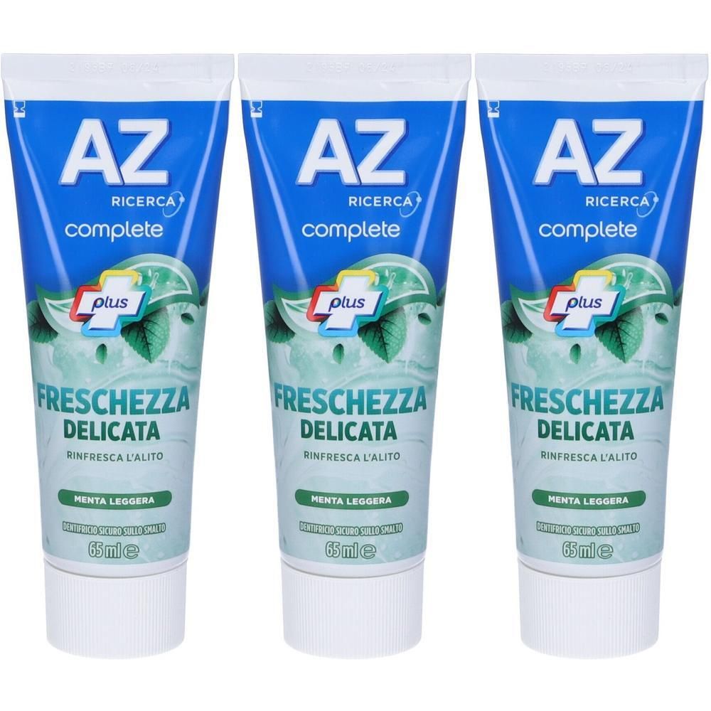 Tre tubetti di dentifricio AZ Complete Freschezza Delicata menta, 65ml.
