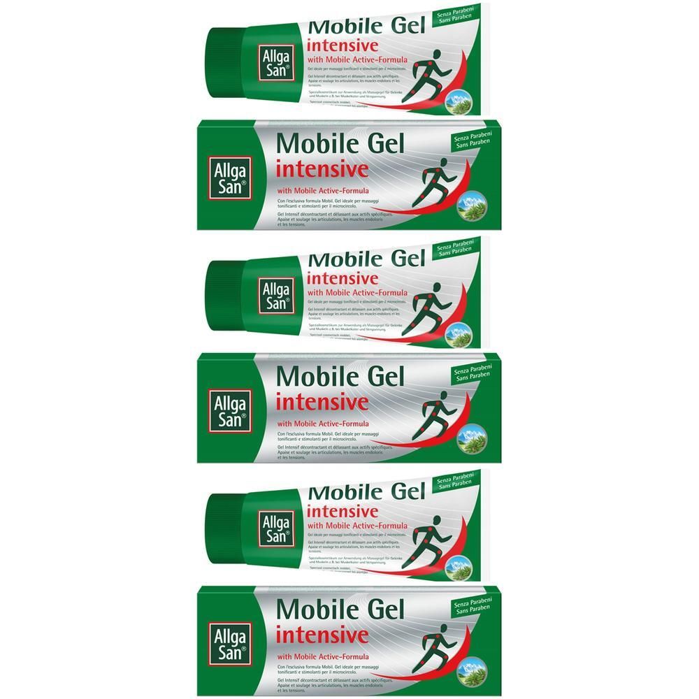Sei confezioni di Allga San Mobile Gel Intensive con simbolo corridore e testo.