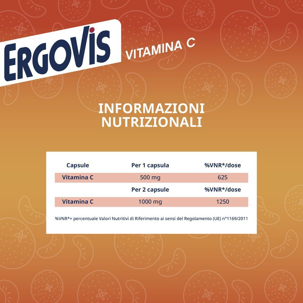 ERGOVIS Vitamina C: informazioni nutrizionali per capsula (500mg) e per 2 capsule (1000mg).