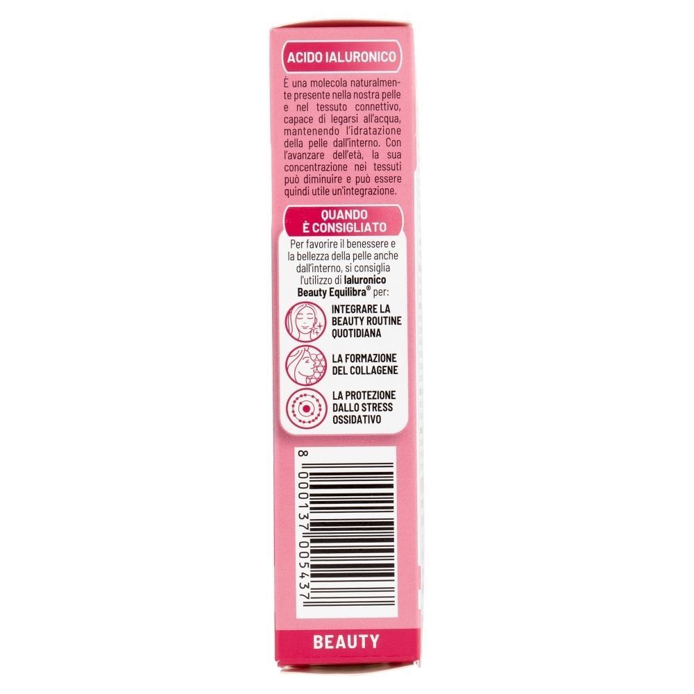 Lato di una confezione Equilibra Ialuronico Beauty con indicazioni d'uso.