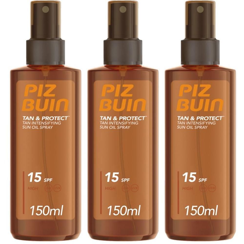 Tre flaconi di spray solare PIZ BUIN Tan Protect SPF 15, 150ml.