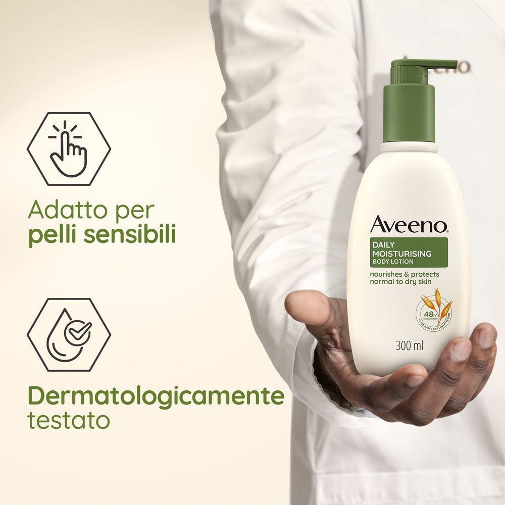 Flacone lozione corpo Aveeno. Adatto a pelli sensibili. Testato dermatologicamente.