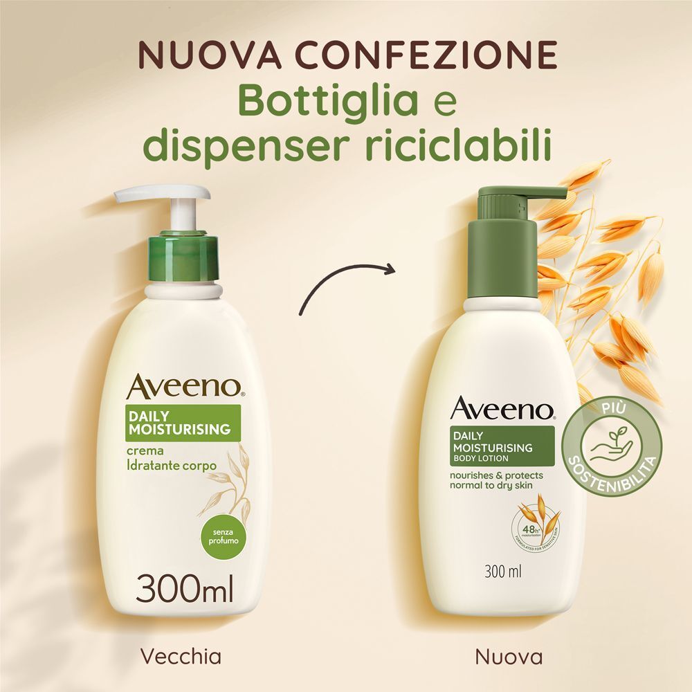 Aggiornamento confezione: flacone e dispenser Aveeno riciclabili.
