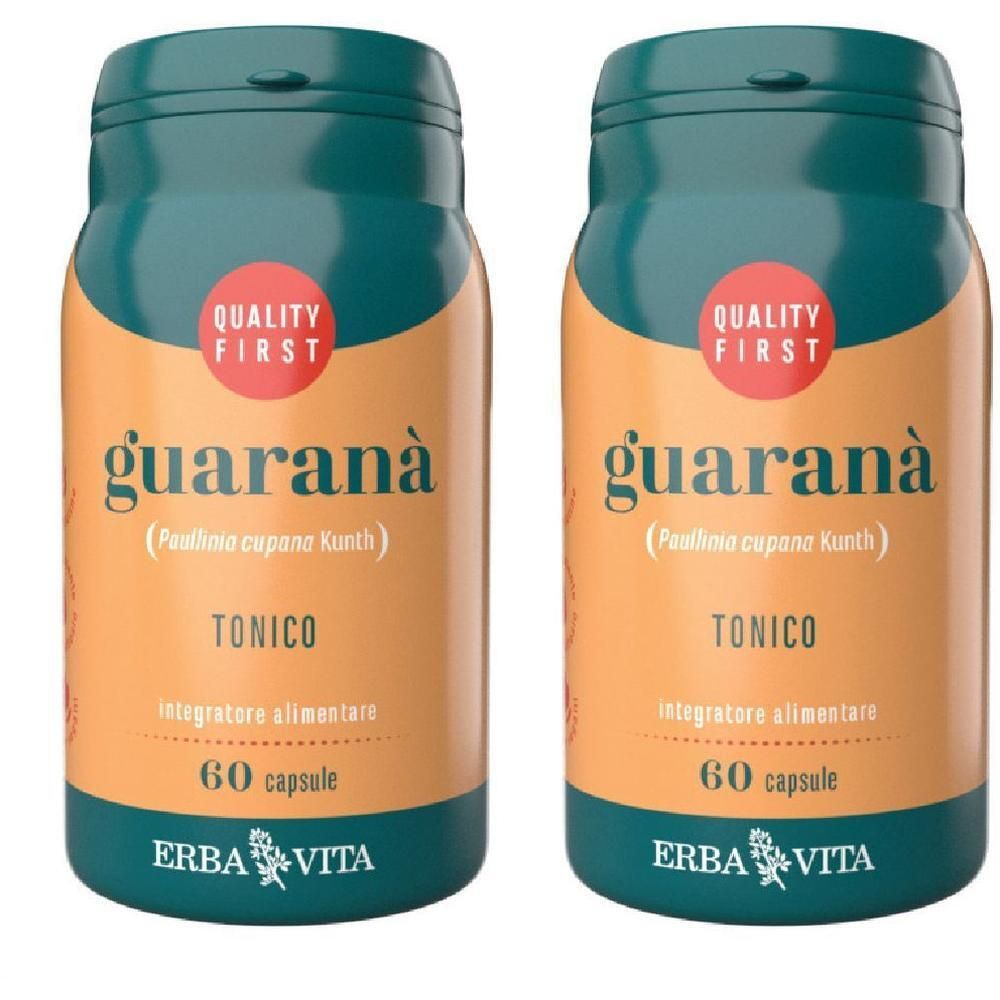 Due flaconi di Guarana Tonico, integratore alimentare, 60 capsule ciascuno, di Erba Vita.
