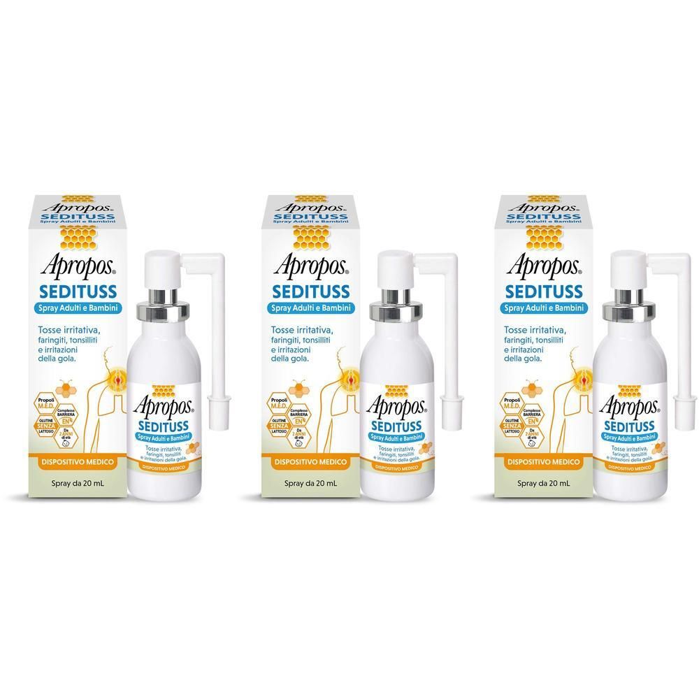 Tre confezioni di Apropos Sedituss Spray Adulti/Bambini con applicatore. Flaconi bianchi con etichetta gialla.