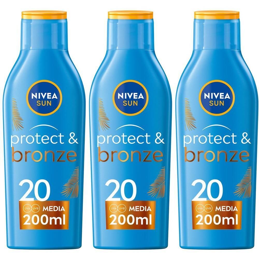 Nivea Sun Latte Solare Protect & Bronze FP20 200 ml, Crema solare 20 per un'abbronzatura dorata
