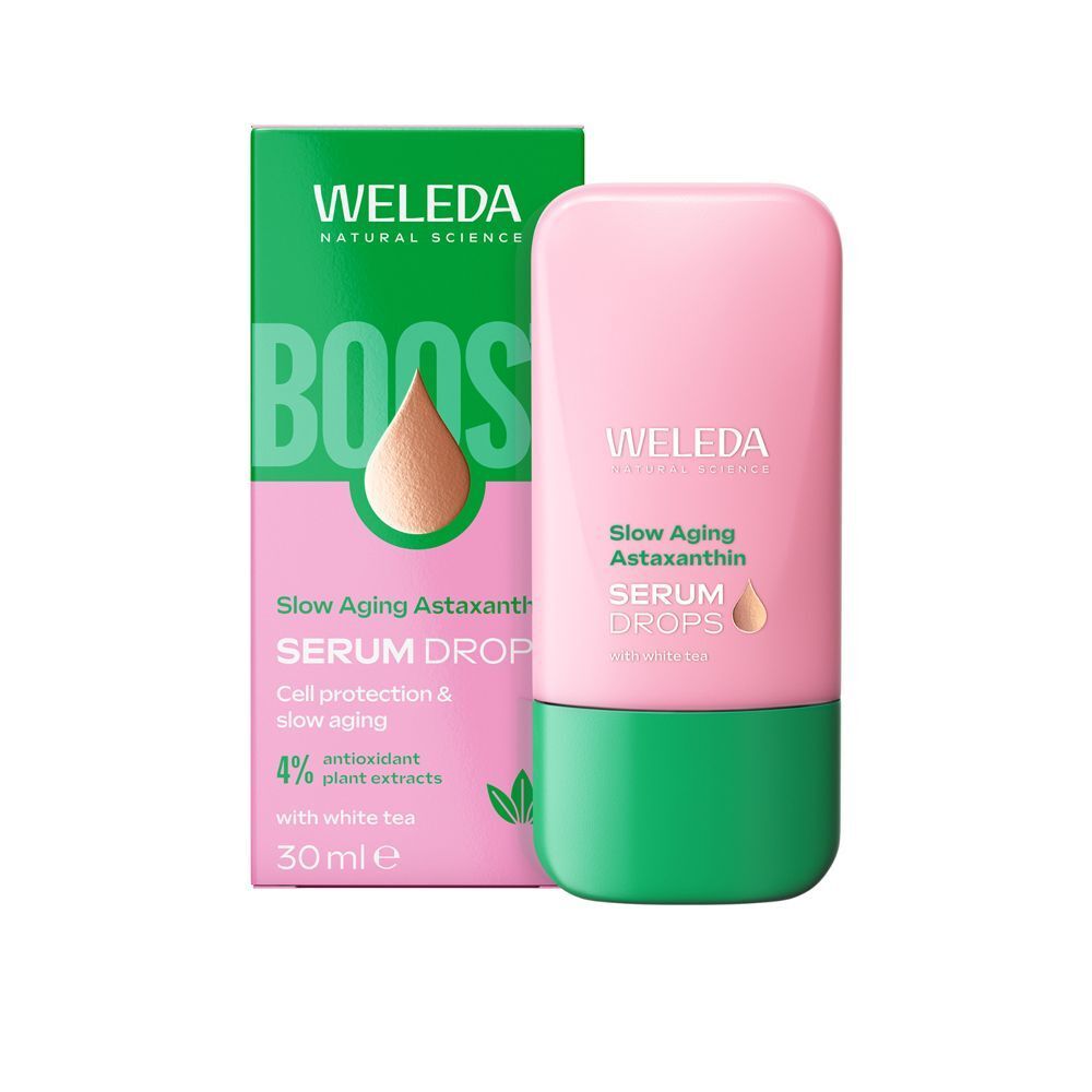Flacone di siero Weleda Astaxanthin Drops accanto alla sua confezione.