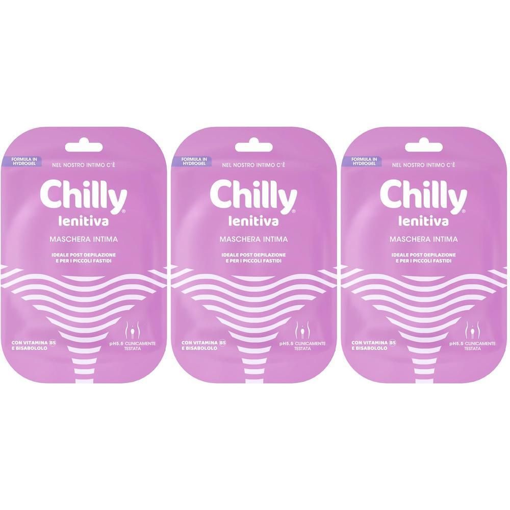 Tre confezioni di maschere intime Chilly Lenitiva, motivo a onde su sfondo viola.