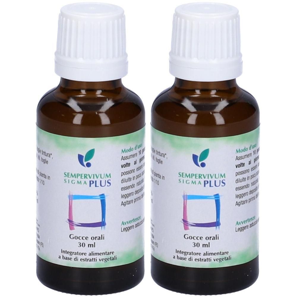 Due flaconi in vetro ambrato con tappo a vite bianco, contenenti liquido. Etichette indicano "SEMPERVIVUM SIGMA PLUS" e "Gocce orali 30 ml".