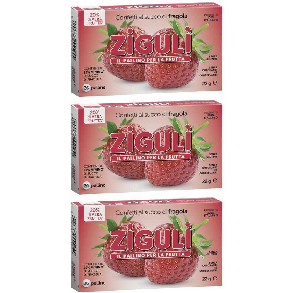 Tre scatole di Zigulì® Confetti al succo di fragola, 36 palline per scatola. Contiene 20% di succo.