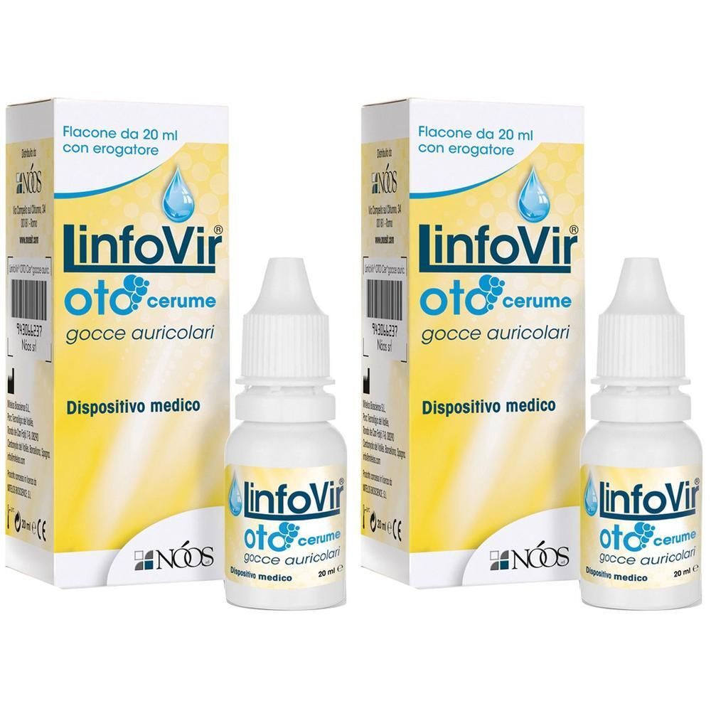 Due confezioni di Linfovir Oto Cerume gocce auricolari, flaconi da 20 ml con erogatore.
