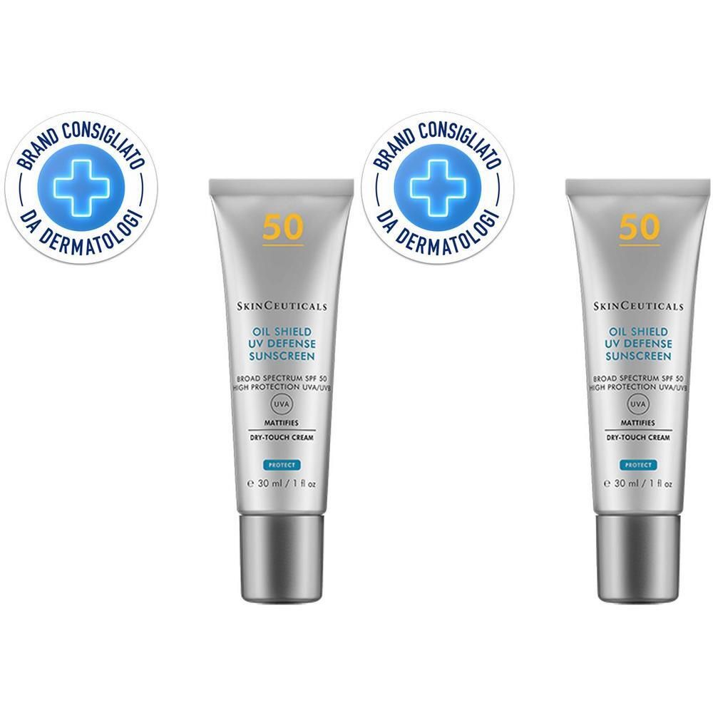 Due tubetti SkinCeuticals Oil Shield UV Defense Sunscreen SPF 50, Mattifying Dry-Touch Cream. Sigilli 'Brand consigliato da dermatologi' a sinistra e a destra.