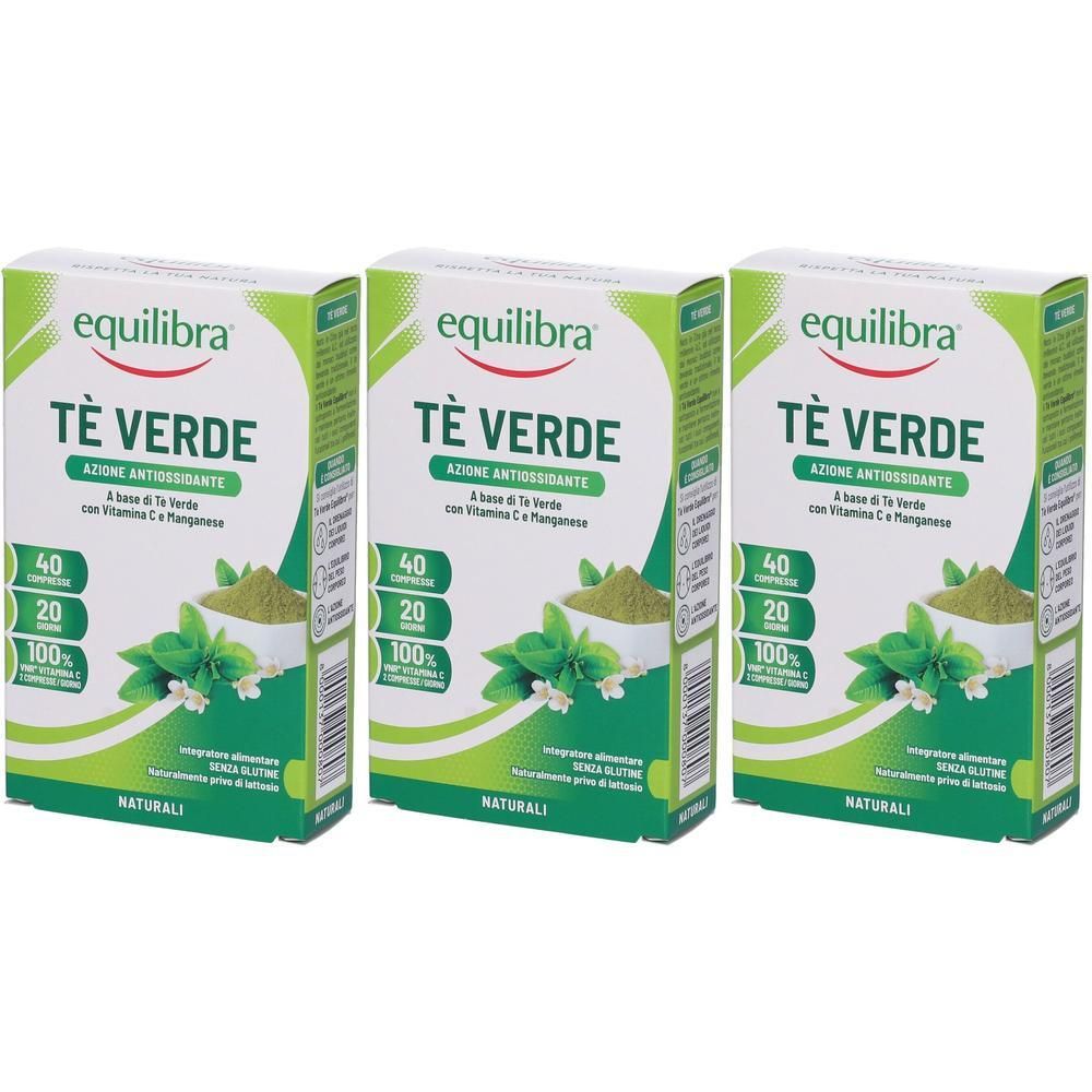 Tre confezioni di Equilibra Te' Verde, 40 compresse per confezione, a base di tè verde e Vitamina C.