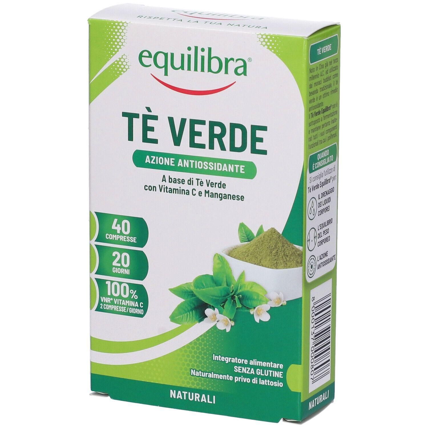 Equilibra Tè Verde: Confezione da 40 compresse di tè verde, con Vitamina C e Manganese.