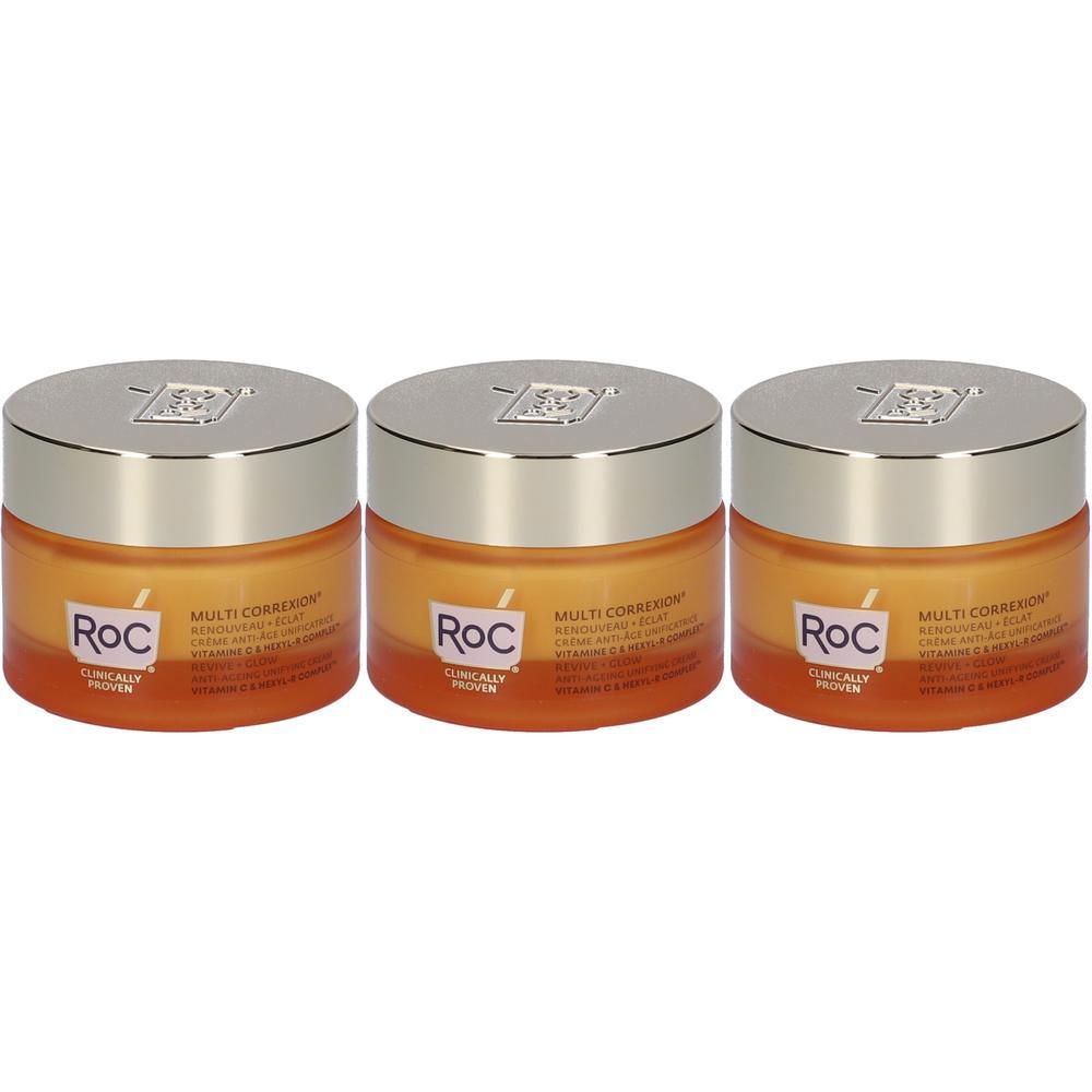 Tre vasetti ROC Multi Correxion con coperchi argentati e contenitori arancioni.
