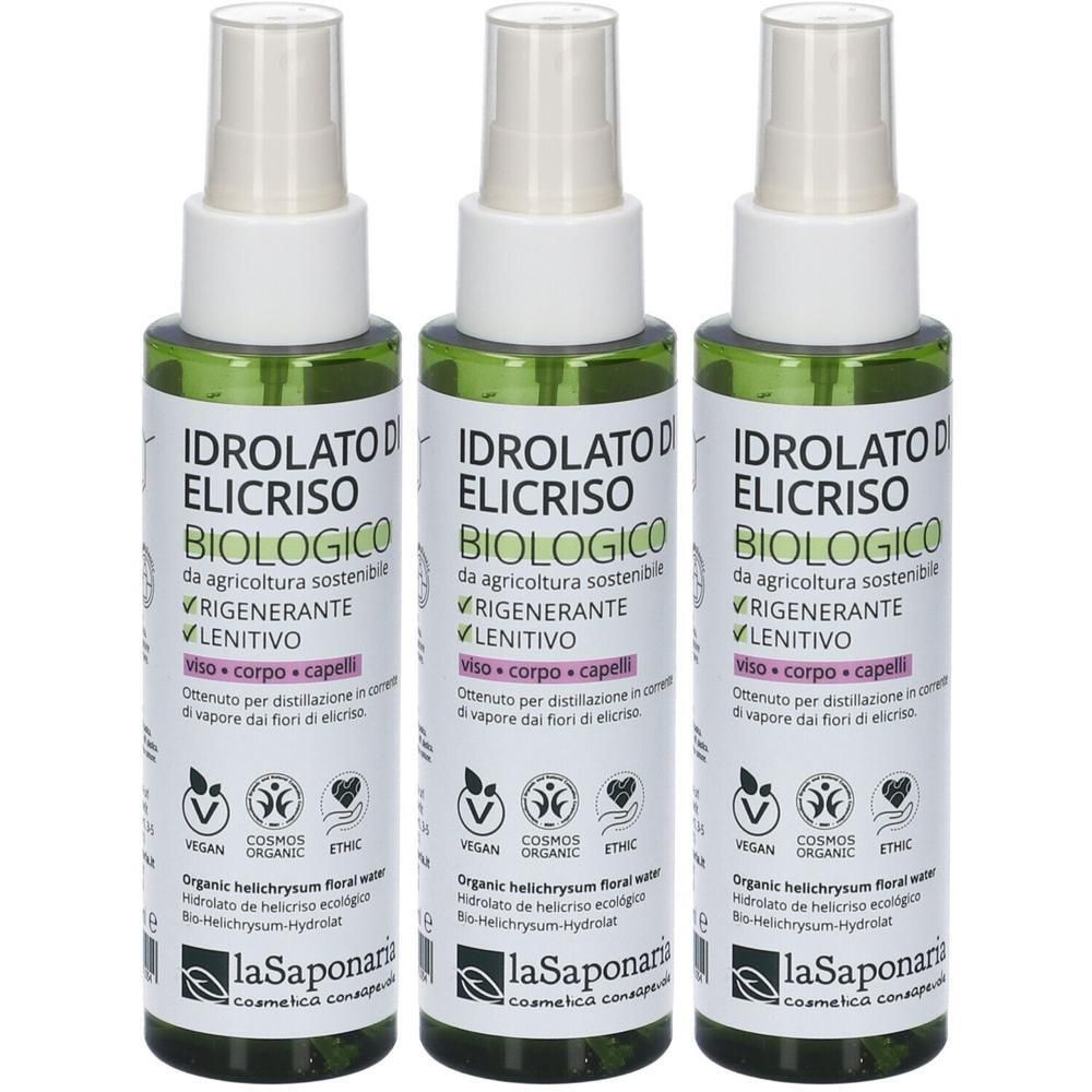 Tre flaconi La Saponaria Idrolato di Elicriso BIO con spruzzino. Flaconi verdi con etichetta bianca.