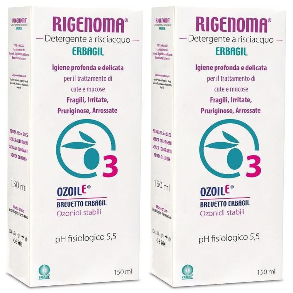 Due confezioni di Rigenoma Detergente. Con Ozoile ed Erbagil. pH 5,5.