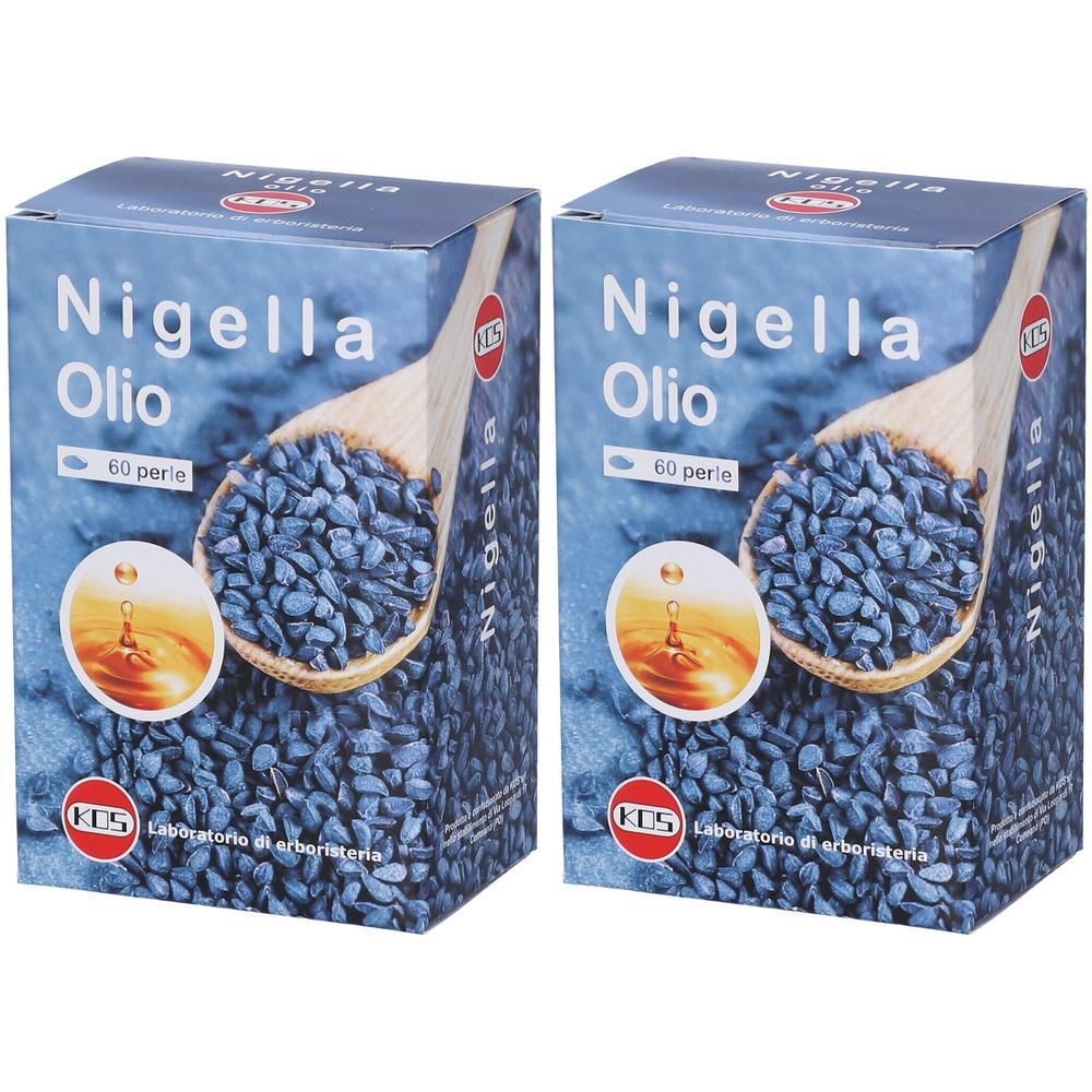 Due confezioni di Nigella Olio, 60 perle ciascuna. Il fronte mostra un cucchiaio di legno con semi neri e gocce d'olio.