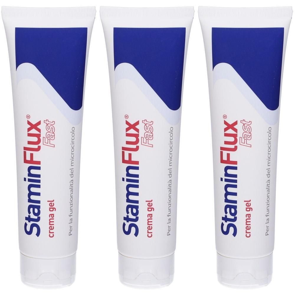 Tre tubi di StaminFlux Fast Crema Gel con design blu e bianco.