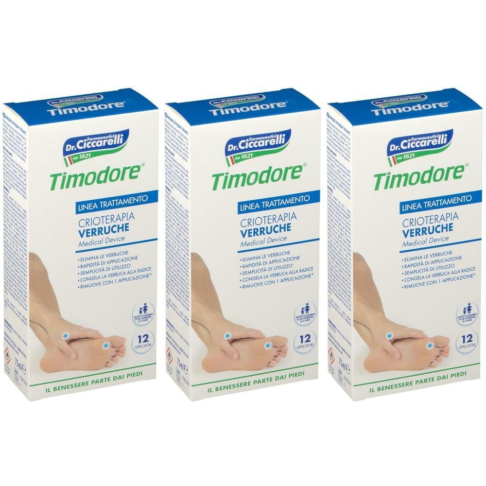Tre confezioni di spray Timodore® anti-verruche con immagine di un piede e indicazione '12 applicazioni'.
