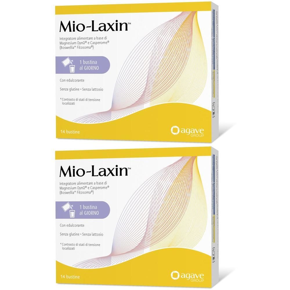 Due confezioni di Mio-Laxin™ da 14 bustine ciascuna. Contiene Magnesio DynΩ e Casperome®.
