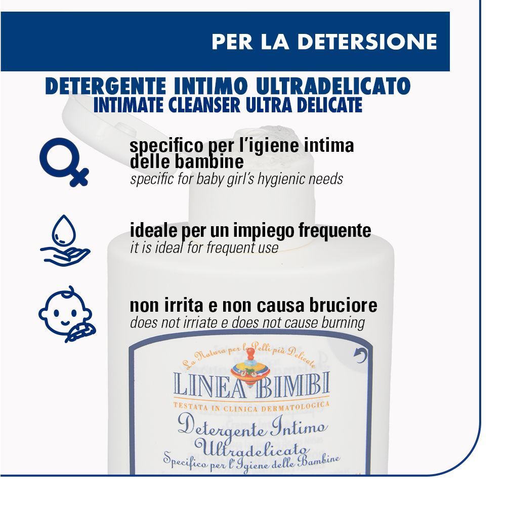 Flacone bianco con dispenser a pompa, etichetta "Linea Bimbi", per igiene intima delicata.