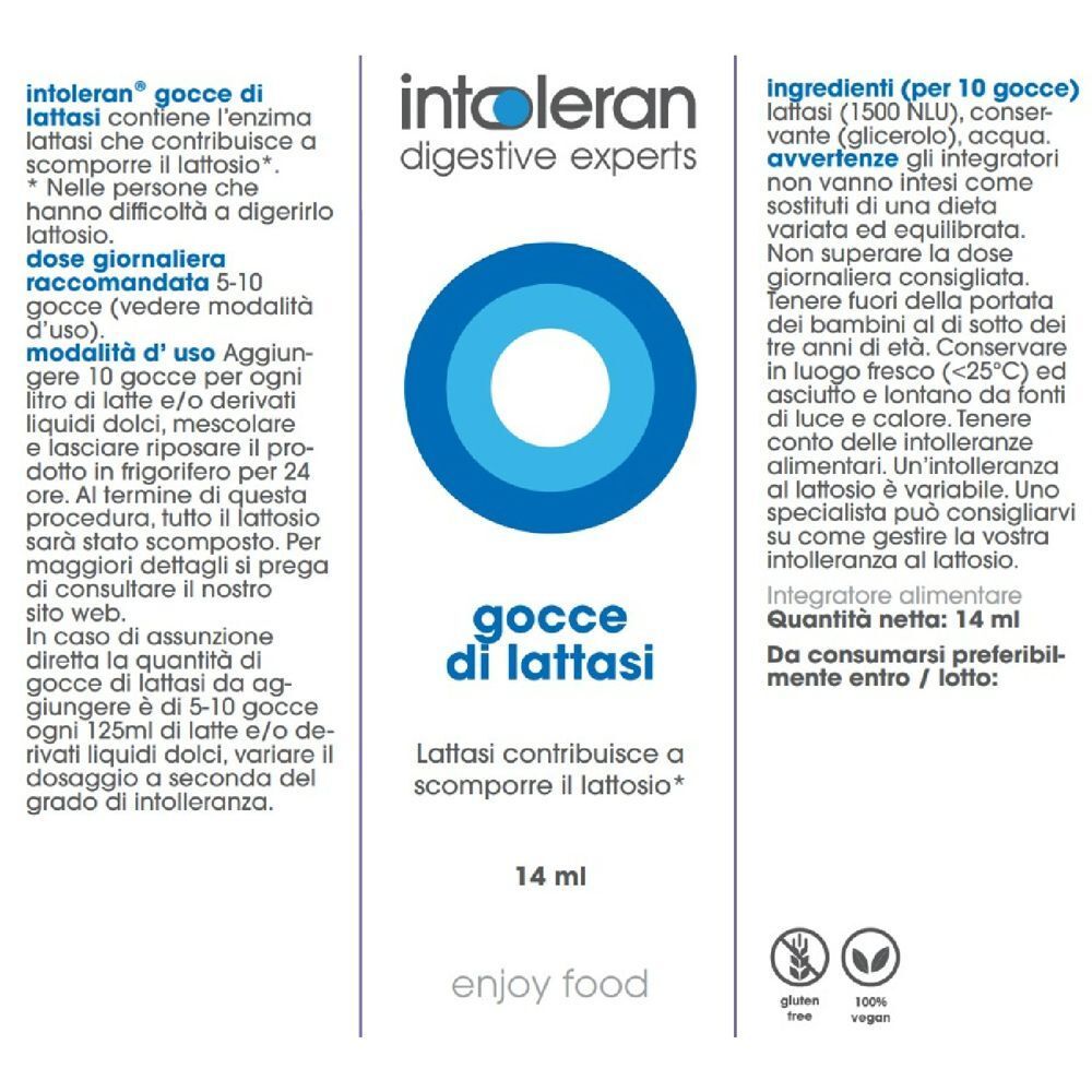Retro di una confezione di gocce di lattasi Intoleran. Contiene informazioni su ingredienti e uso.