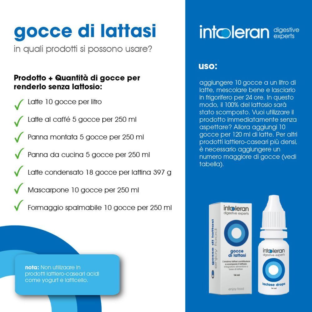 Informazioni sulle gocce di lattasi Intoleran: uso, dosaggio e confronto prodotti. Con scatola e flacone.