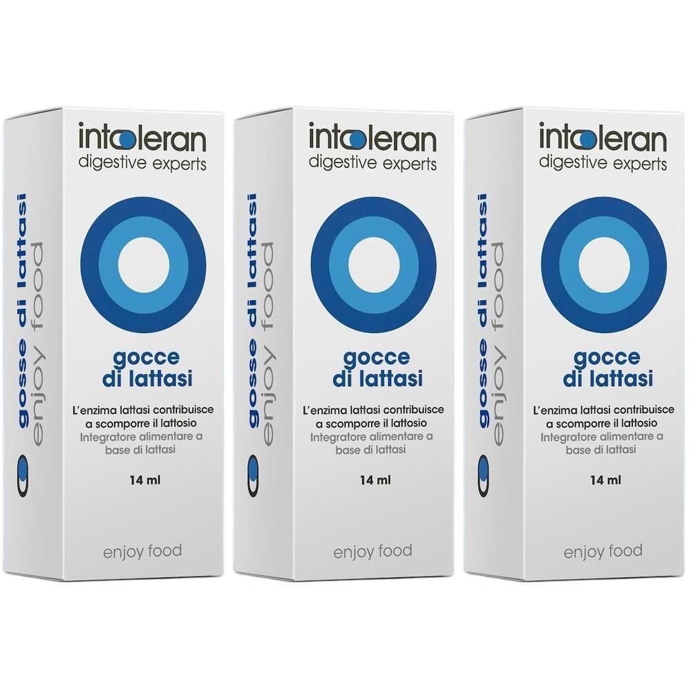 Tre confezioni di gocce di lattasi Intoleran, 14 ml. Scatole bianche con cerchi blu e testo.