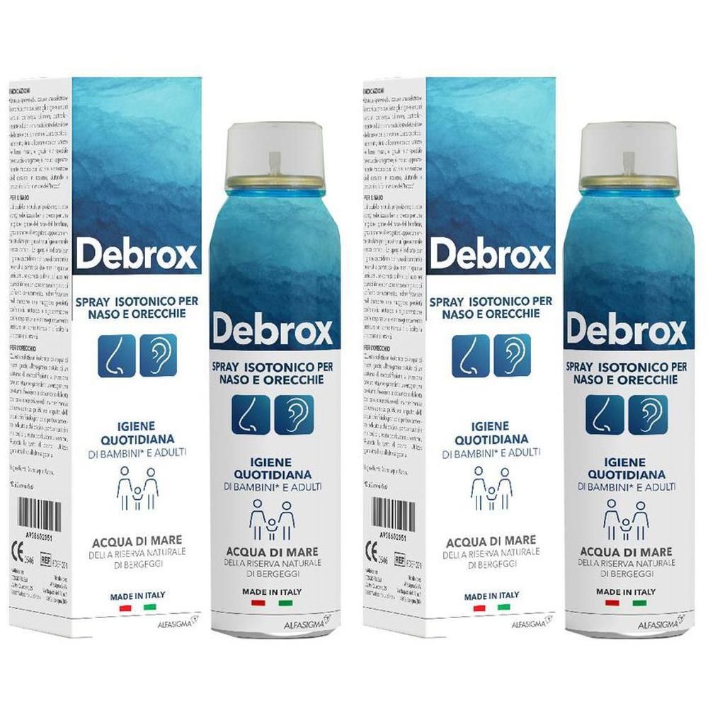 Due flaconi di spray nasale e auricolare isotonico Debrox con confezione. Flaconi blu con etichetta bianca.
