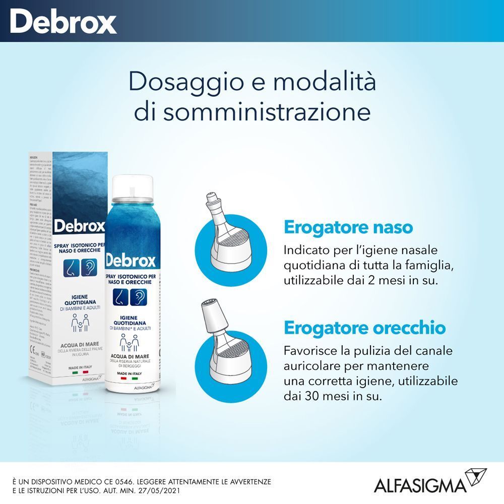 Spray Debrox: Applicatori nasali e auricolari. Igiene nasale quotidiana da 2 mesi, orecchie da 30 mesi.