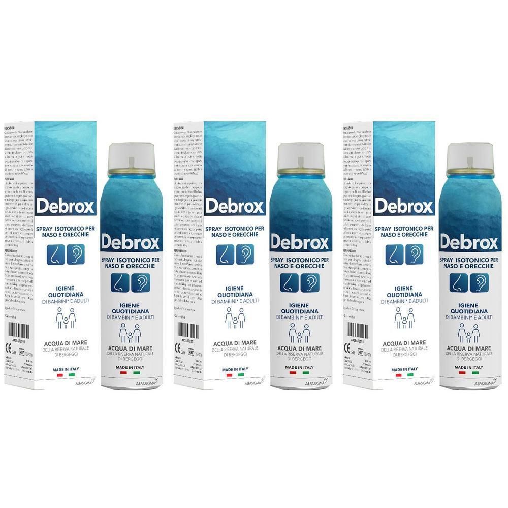 Tre flaconi di spray isotonico Debrox per naso e orecchie con confezione.