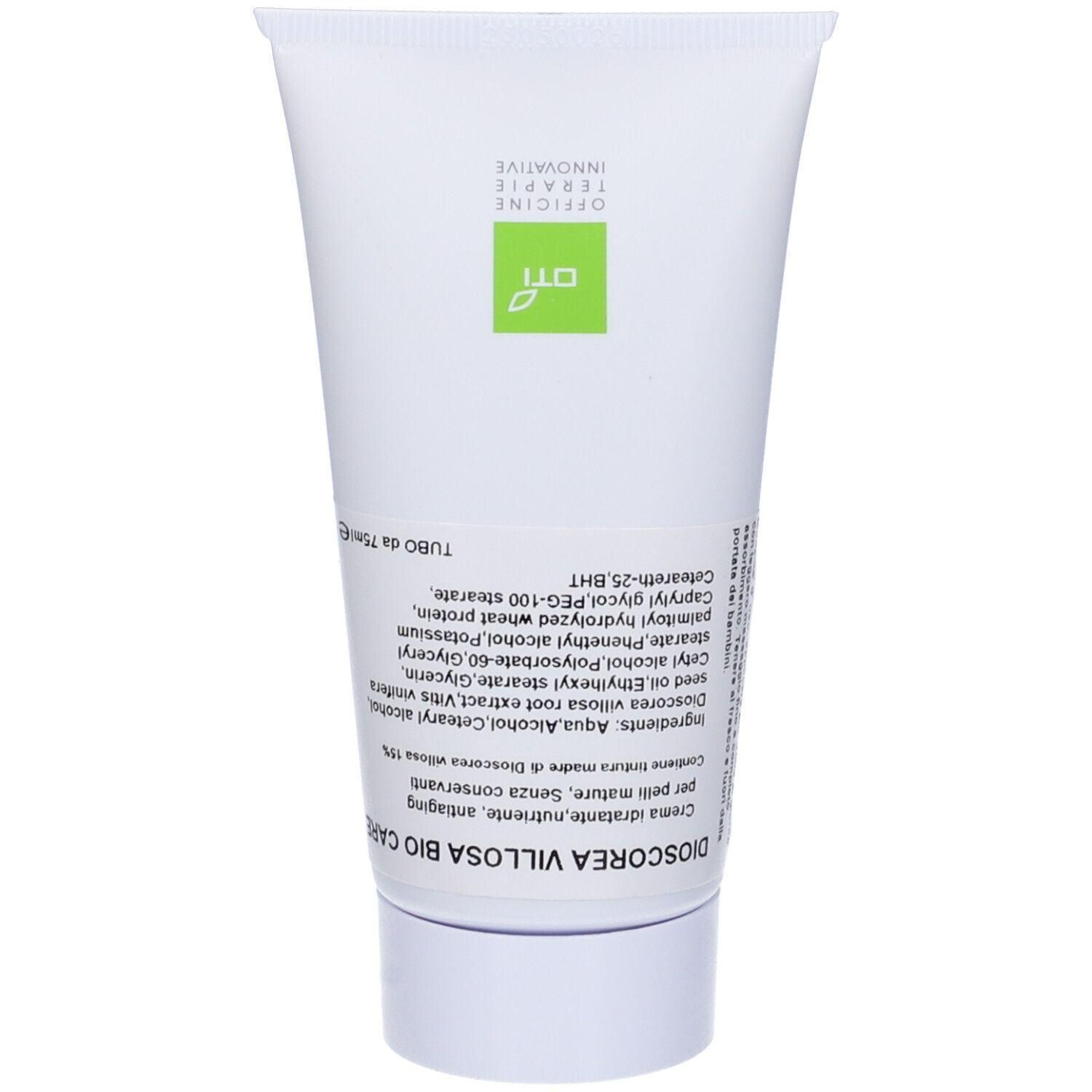 Tubo bianco con scritte nere e verdi. Contiene crema Dioscorea Villosa Bio Care.
