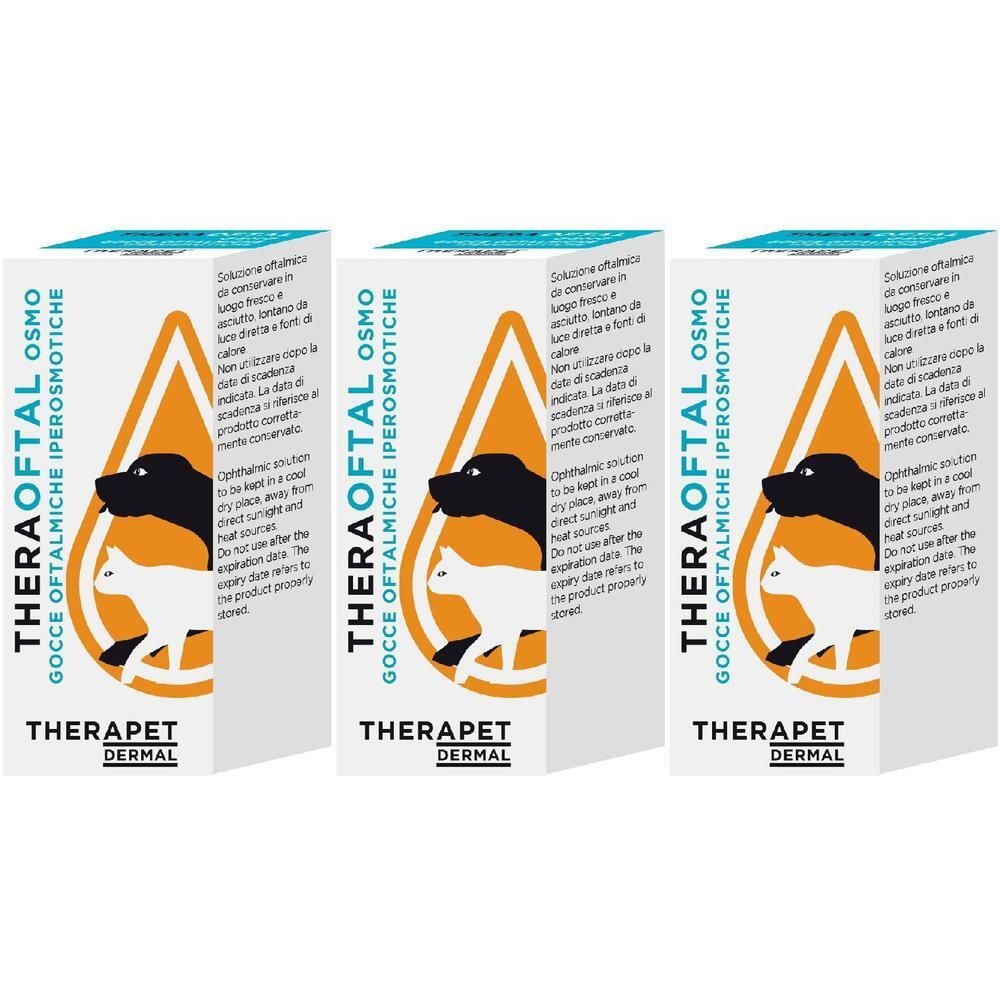 Tre scatole di TheraPpet Dermal Theraoftal Osmo Iperosmotiche con silhouette di cane e gatto.